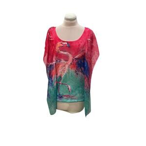 LEOMA LOVEGROVE Artsy Flamingo Chiffon Overlay Top LARGE Art To Wear Summer Fun